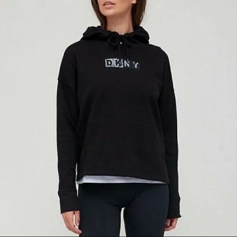 DKNY Sport Black Pigment Dyed Two Tone Logo Distressed Hoodie Women's Small NWT